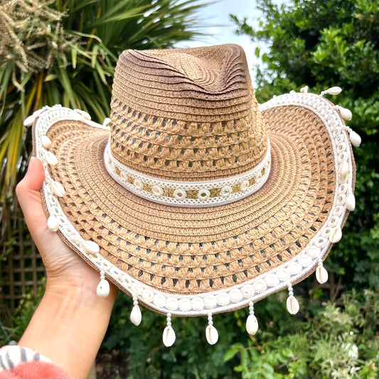 Boho Brown Shell Trim Cowboy Hat