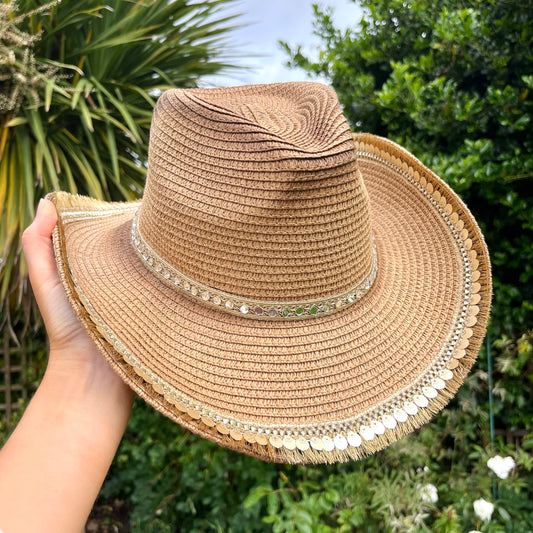 Boho Tan Mirrored Trim Cowboy Hat