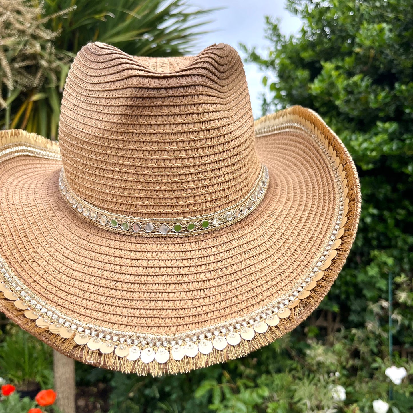 Boho Tan Mirrored Trim Cowboy Hat