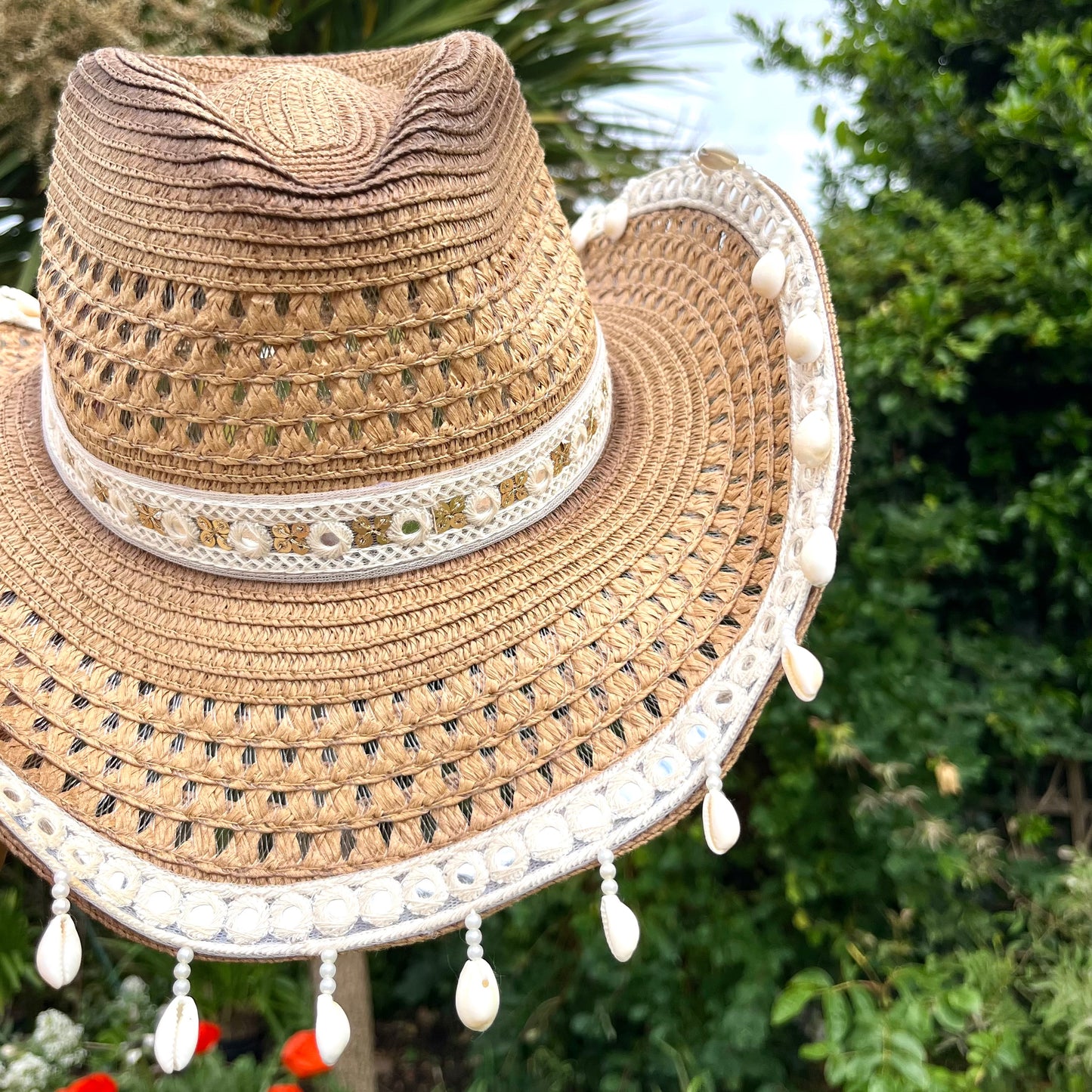 Boho Brown Shell Trim Cowboy Hat