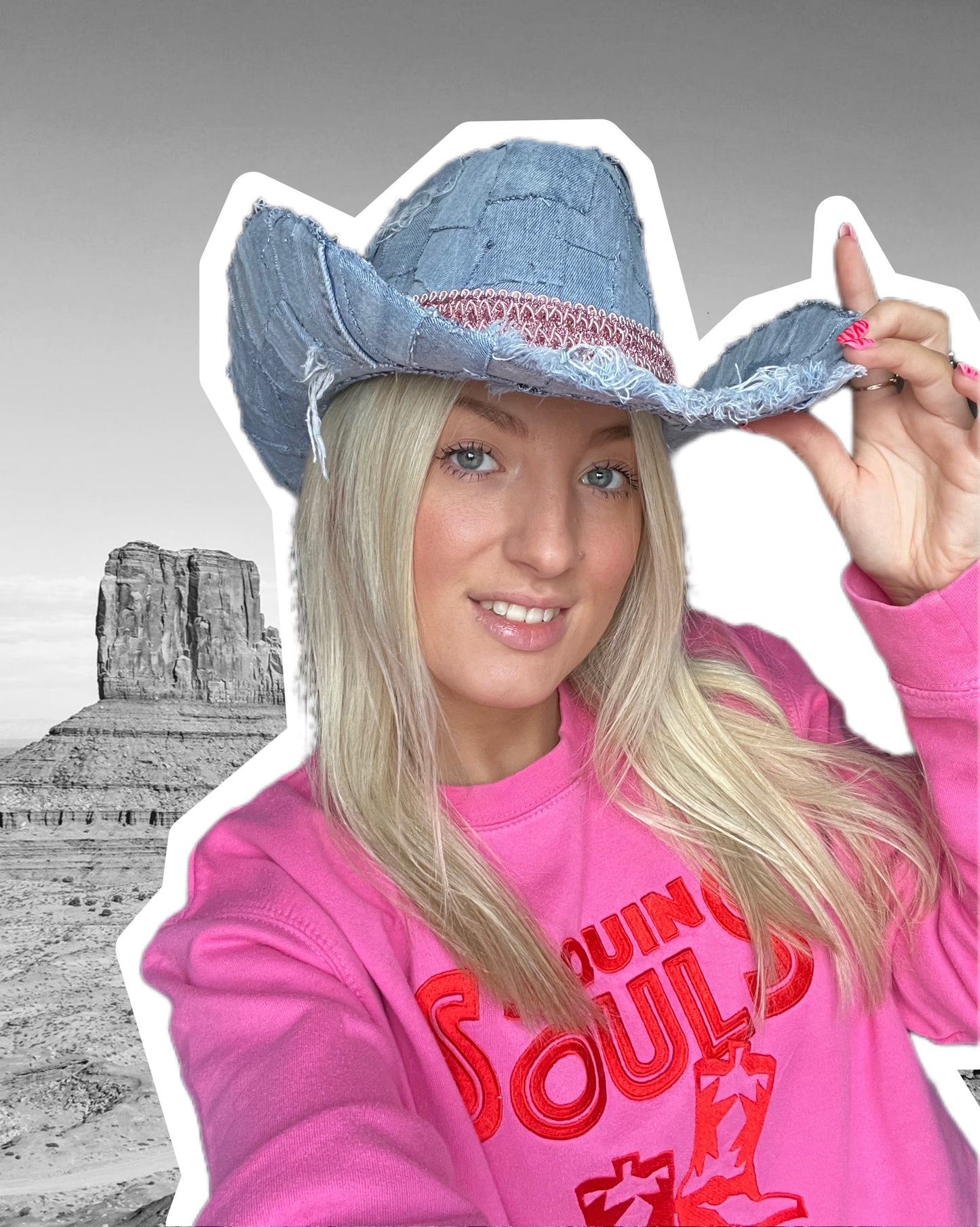 Recycled Denim Cowgirl Hat with Baby Pink Hat Band