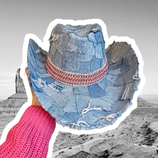 Recycled Denim Cowgirl Hat with Baby Pink Hat Band