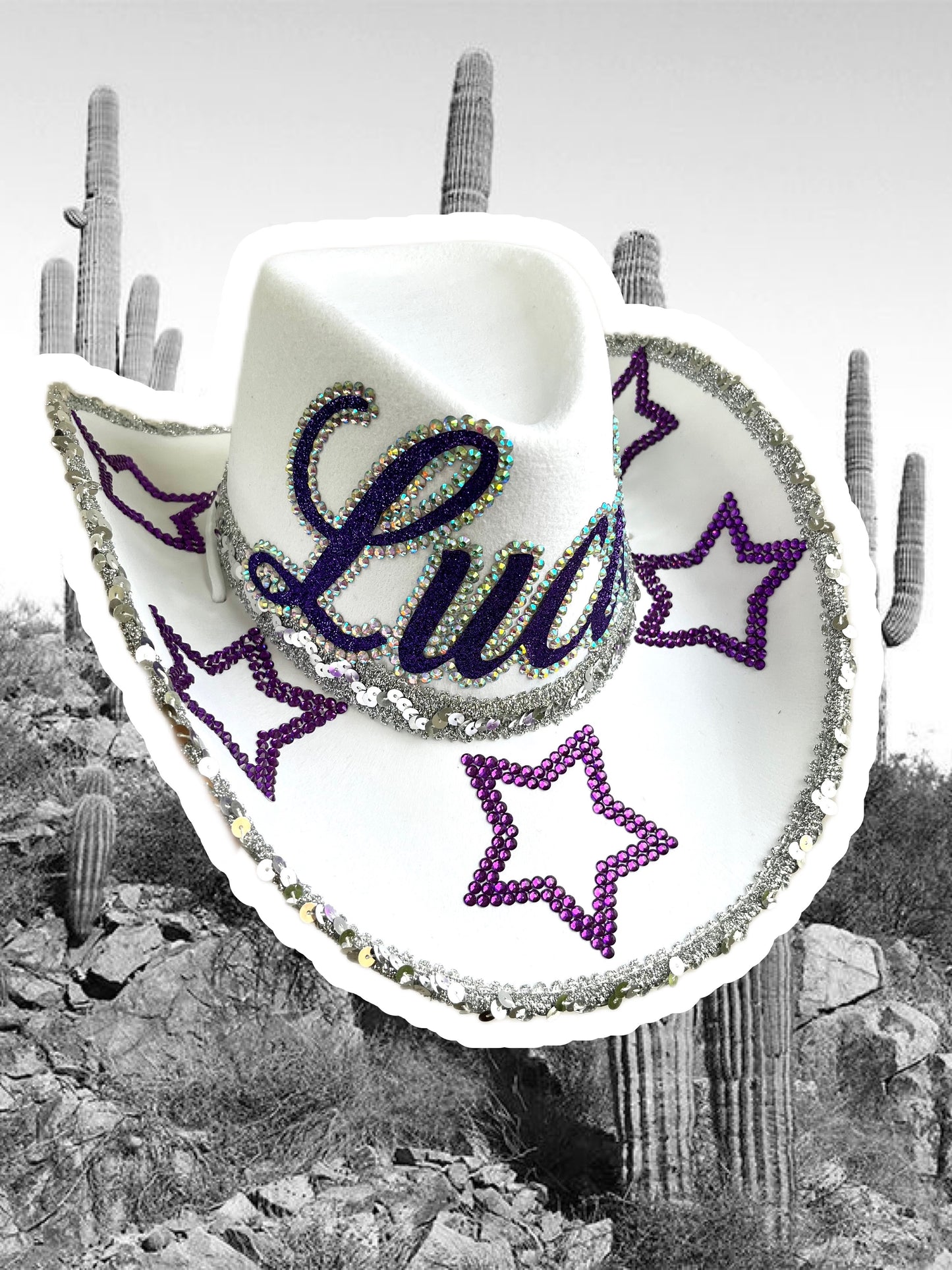 Personalised White and Purple Rhinestone Cowboy Hat