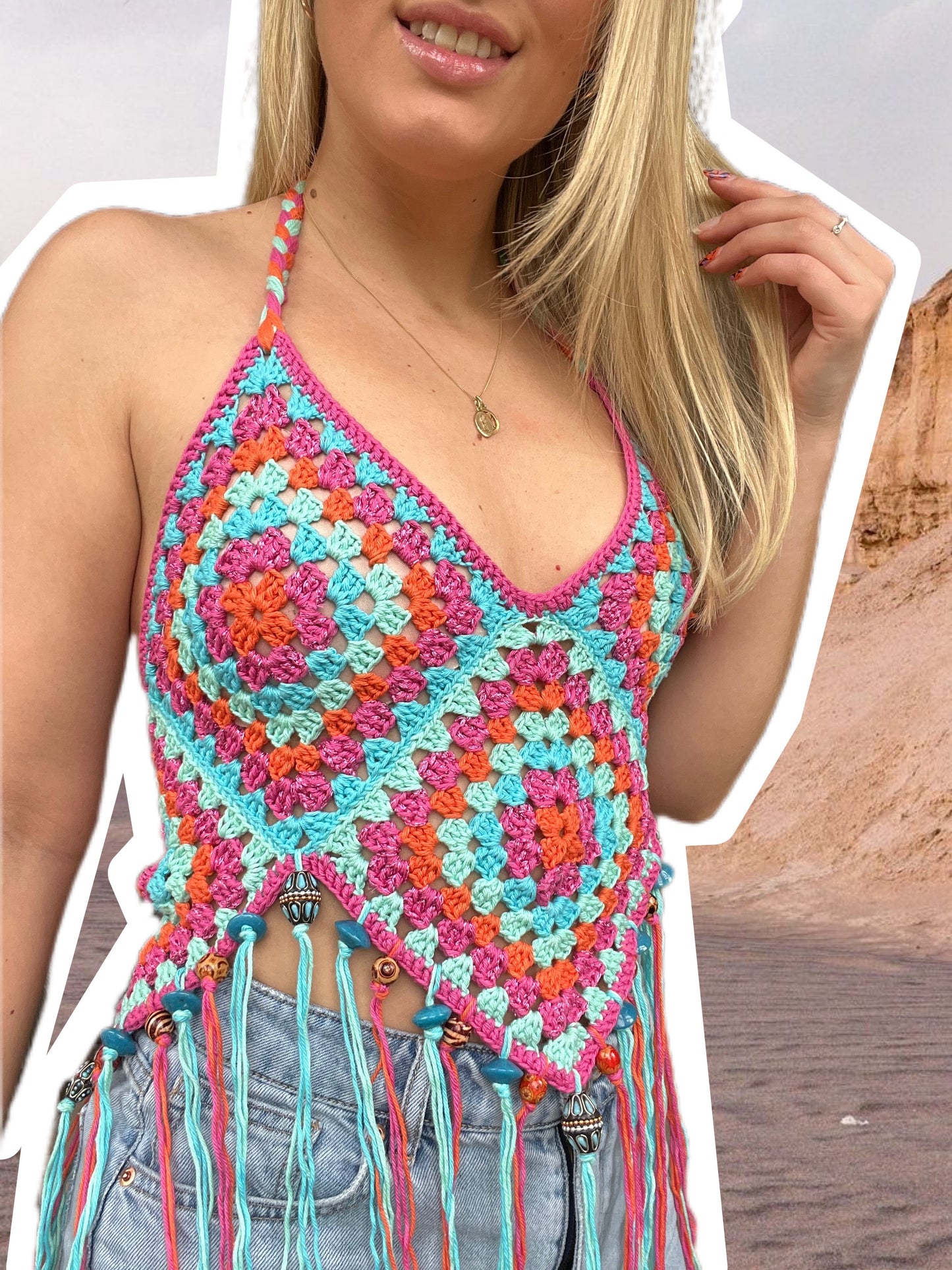 Turquoise, Orange and Pink Crochet Festival Top