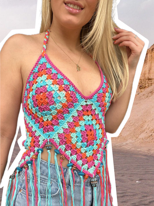 Turquoise, Orange and Pink Crochet Festival Top