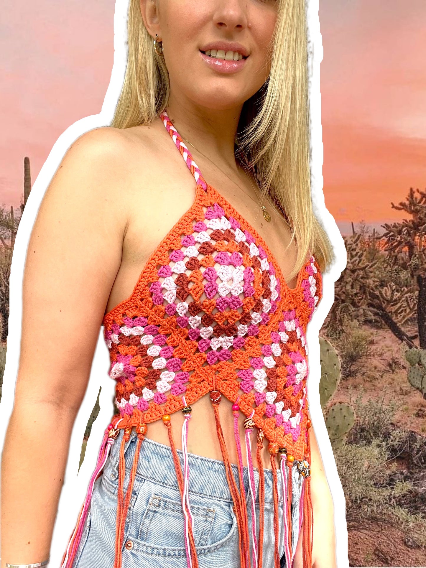 Orange and Pink Crochet Festival Top
