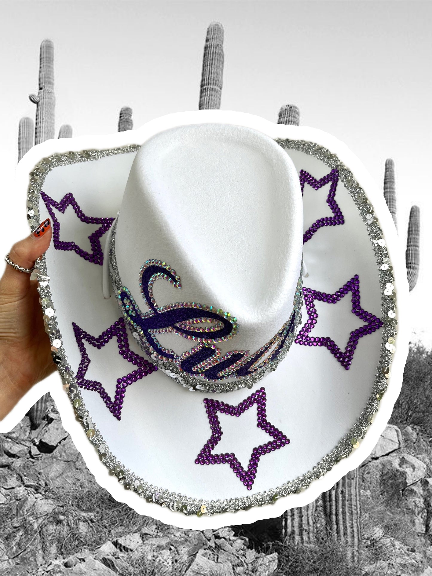 Personalised White and Purple Rhinestone Cowboy Hat