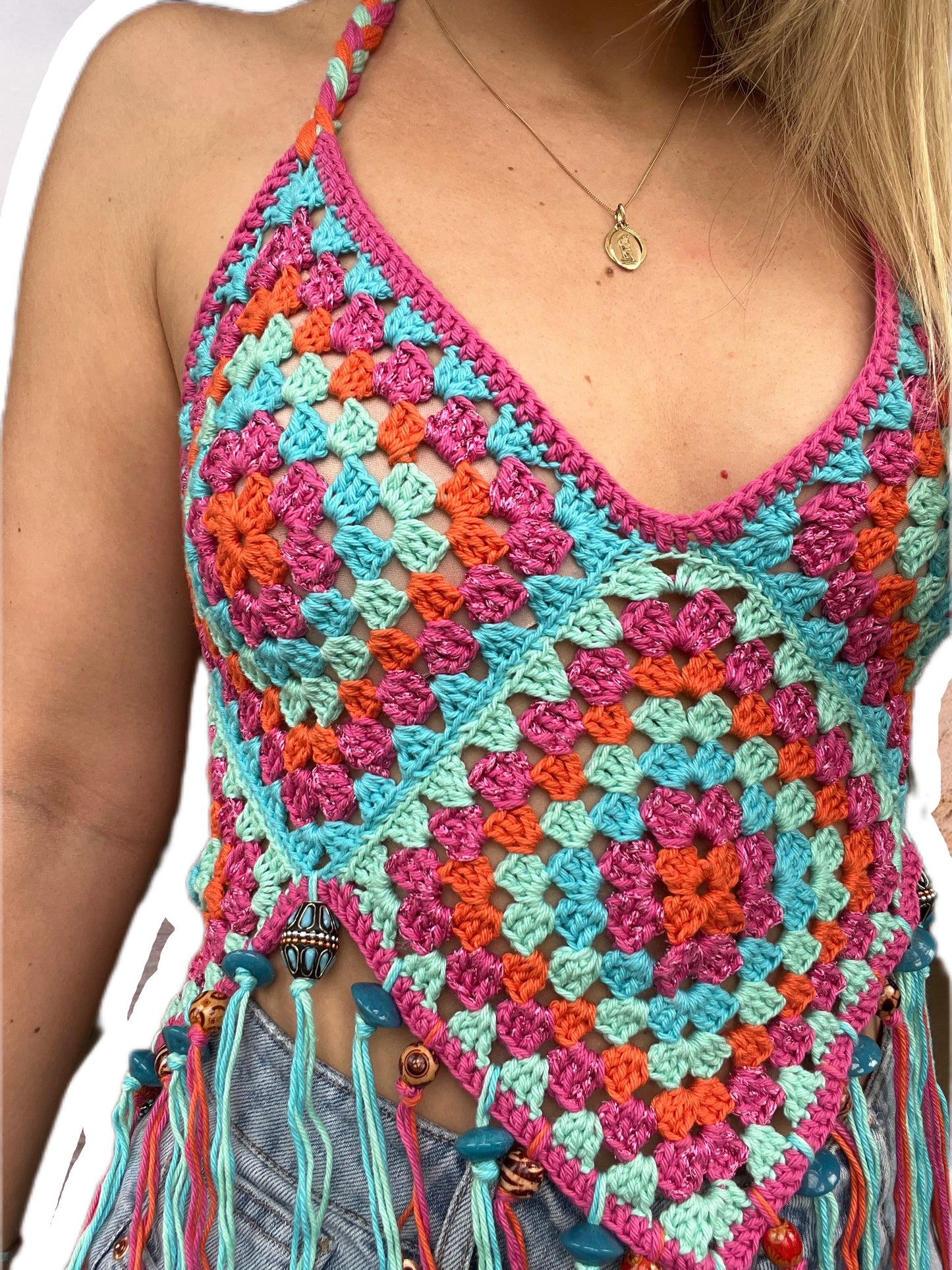 Turquoise, Orange and Pink Crochet Festival Top