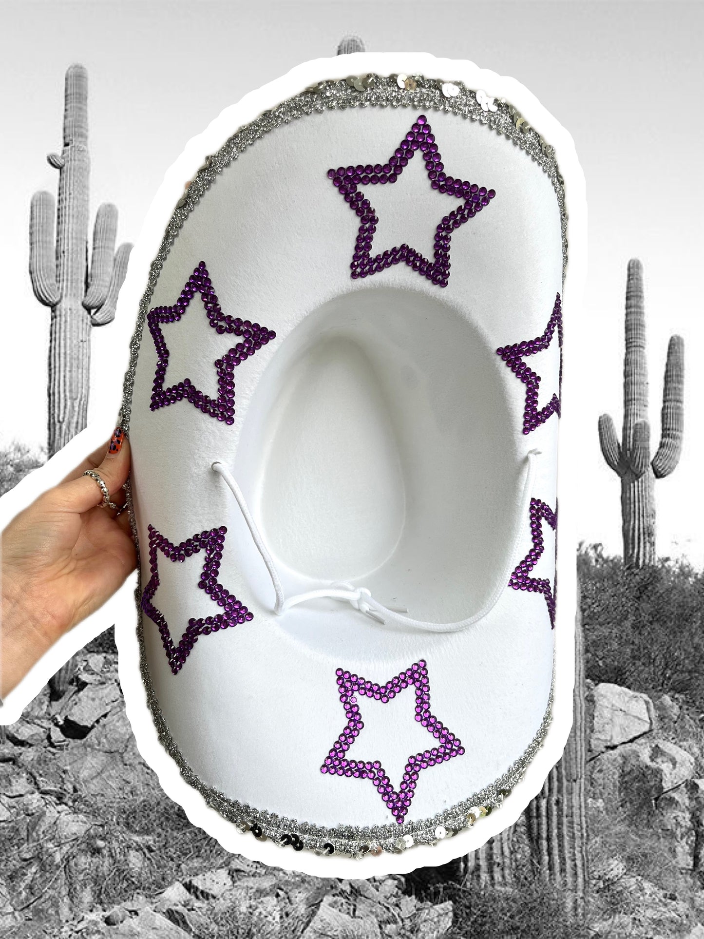 Personalised White and Purple Rhinestone Cowboy Hat