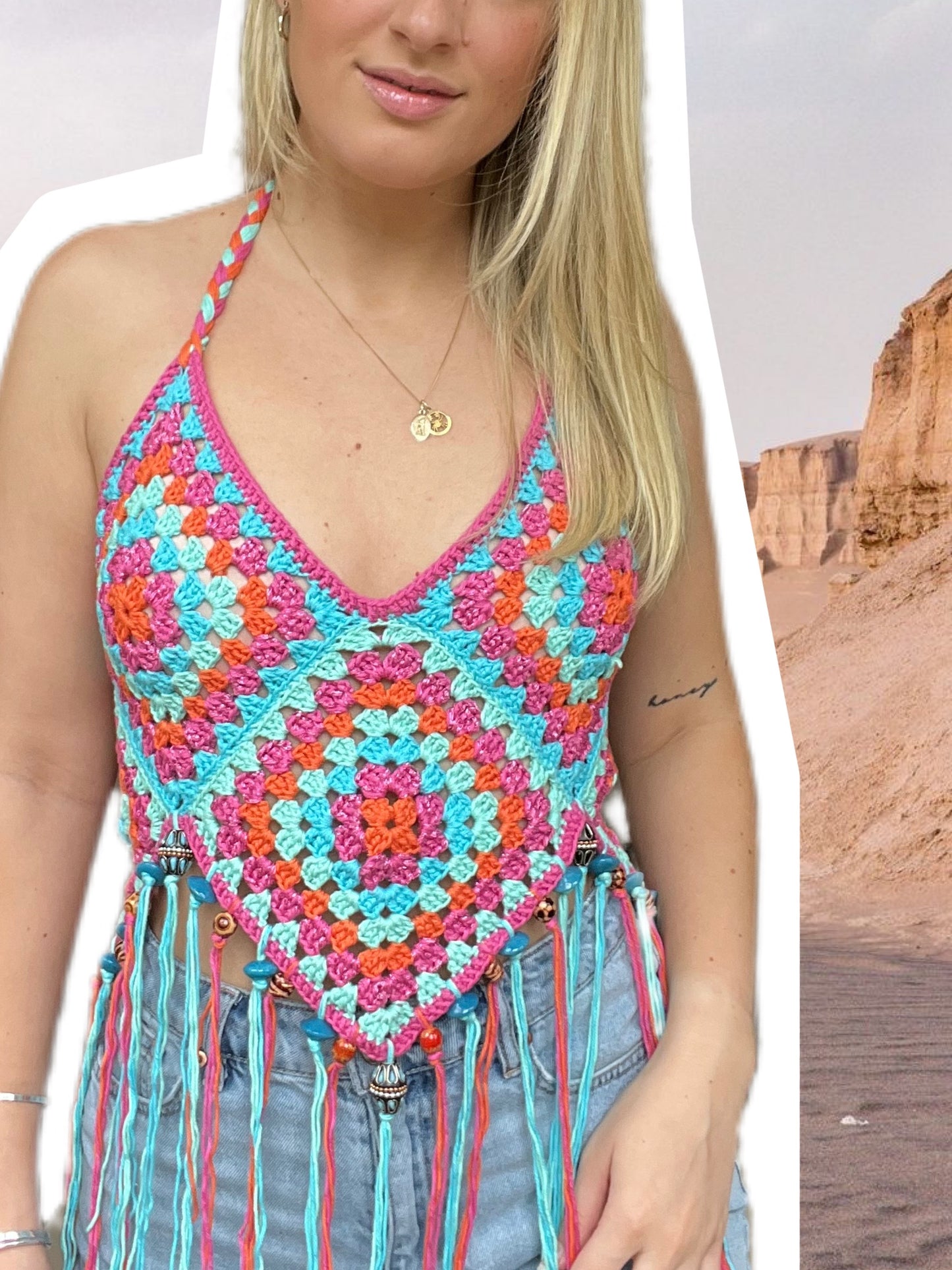 Turquoise, Orange and Pink Crochet Festival Top
