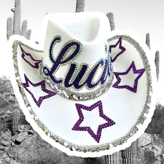 Personalised White and Purple Rhinestone Cowboy Hat