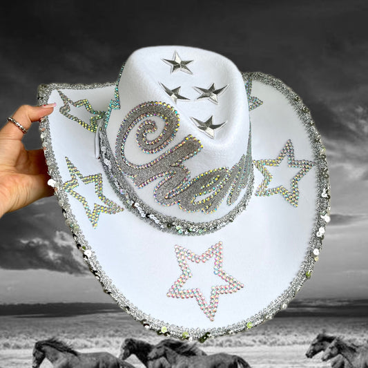 Personalised White Rhinestone Star Cowboy Hat