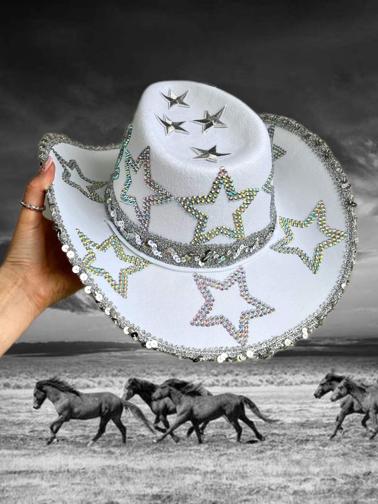 Personalised White Rhinestone Star Cowboy Hat