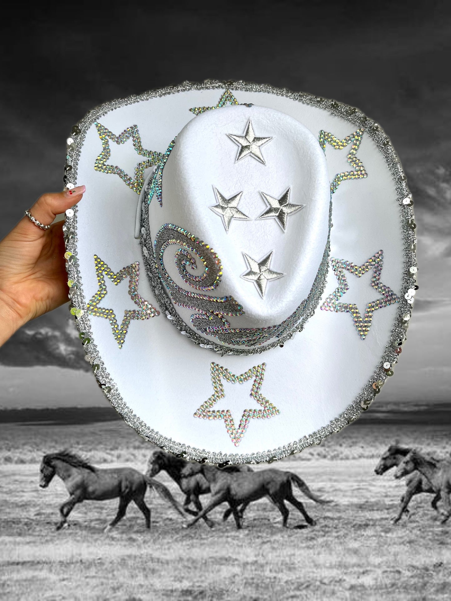 Personalised White Rhinestone Star Cowboy Hat