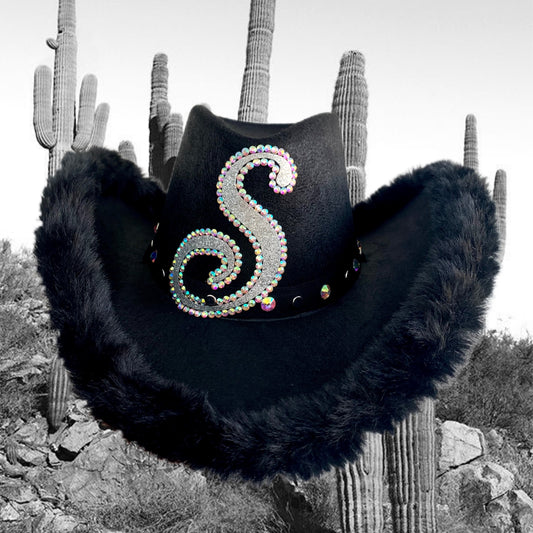 Personalised Black Cowboy Hat with Black Fur Trim