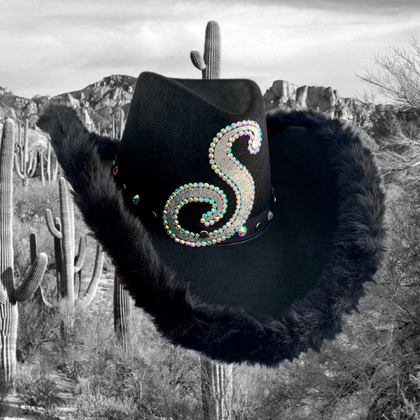 Personalised Black Cowboy Hat with Black Fur Trim