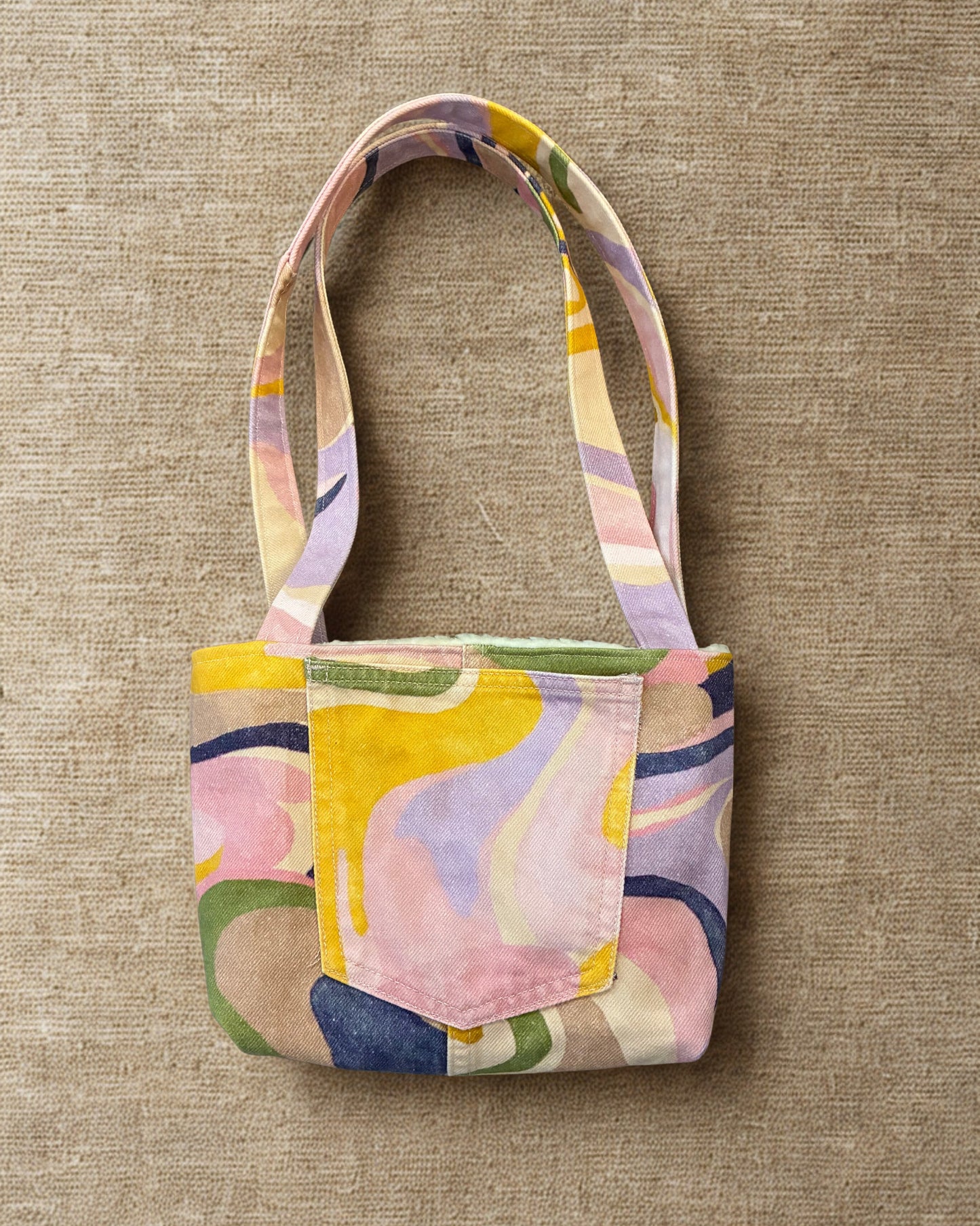 Recycled Denim Mini Tote Bag - Pastel Printed Denim & Cream Lining
