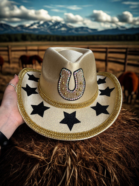 Gold Horseshoe with Black Stars Cowboys Hat