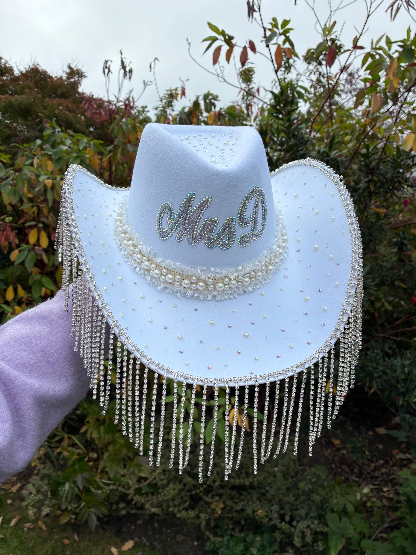 Personalised Rhinestone Fringe Pearl Bride Cowboy Hat