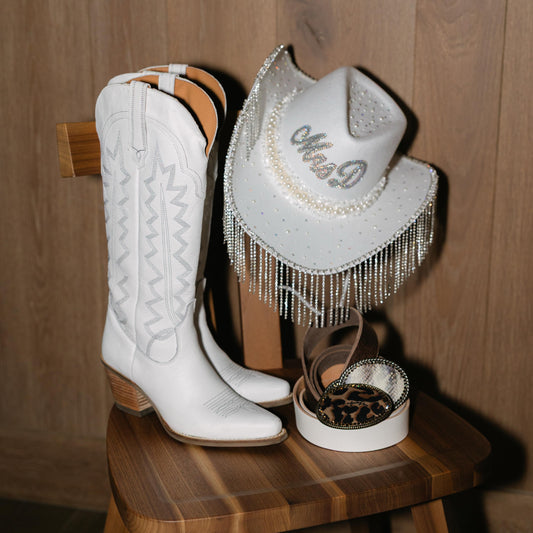 Personalised Rhinestone Fringe Pearl Bride Cowboy Hat