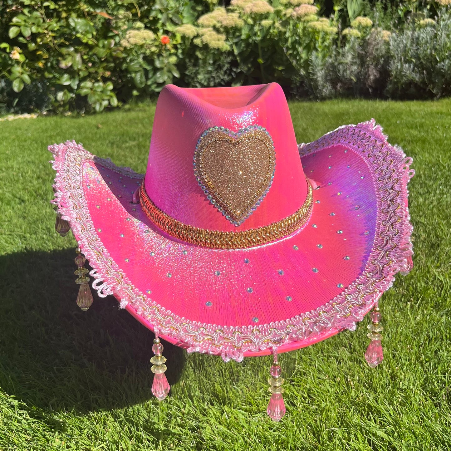 Metallic Pink Horseshoe Beaded Fringe Cowboy Hat