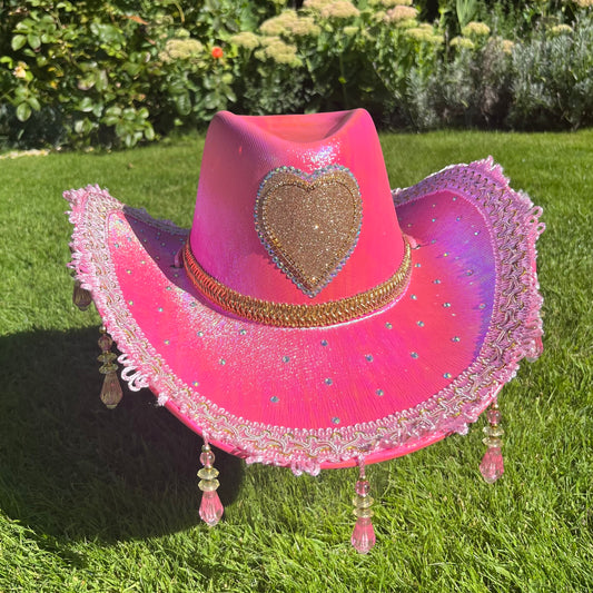 Metallic Pink Horseshoe Beaded Fringe Cowboy Hat