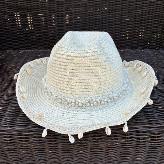 Boho Cream Shell & Pearl Trim Cowboy Hat
