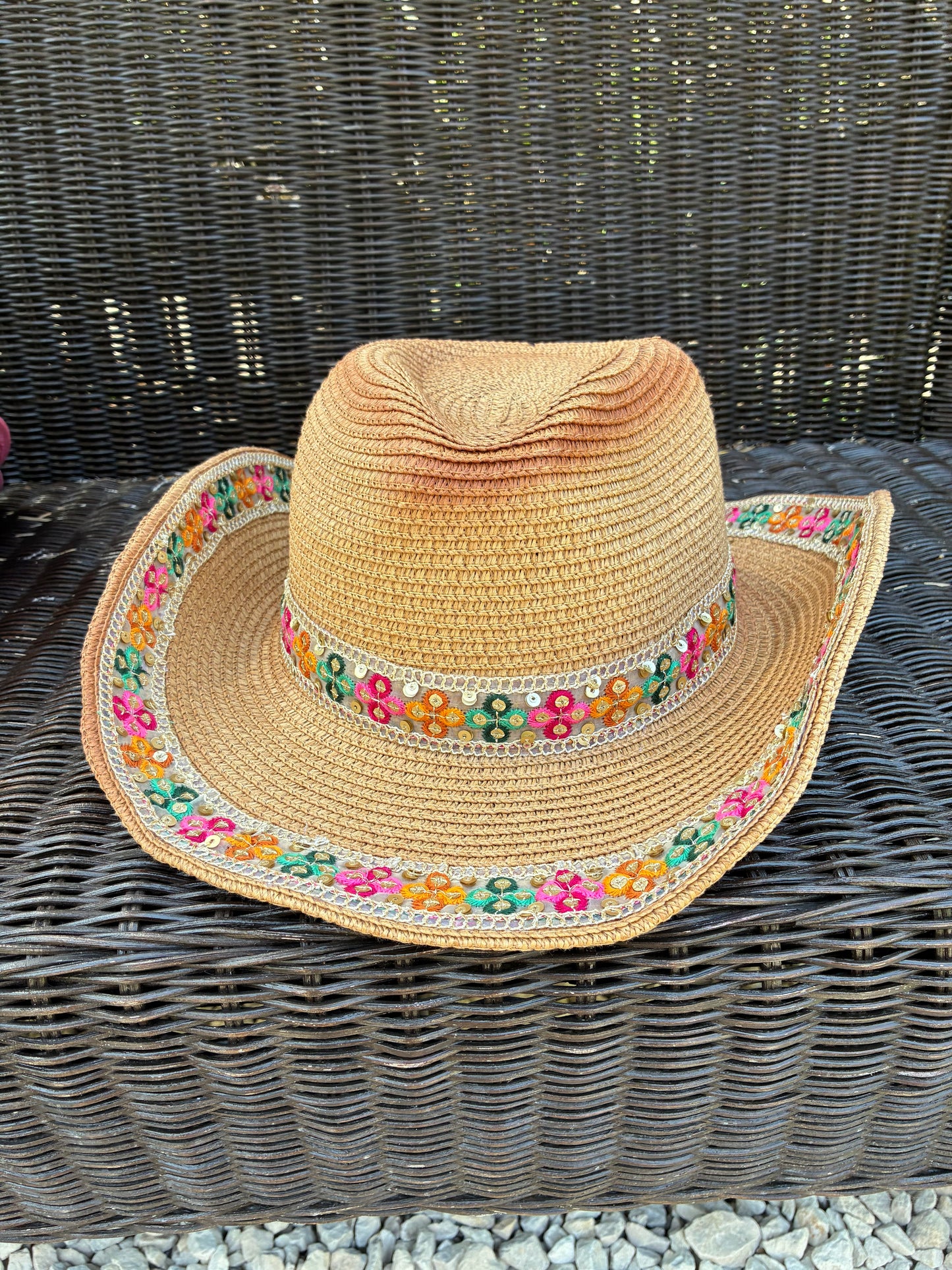 Boho Multicolour Embroidered Band Tan Cowboy Hat