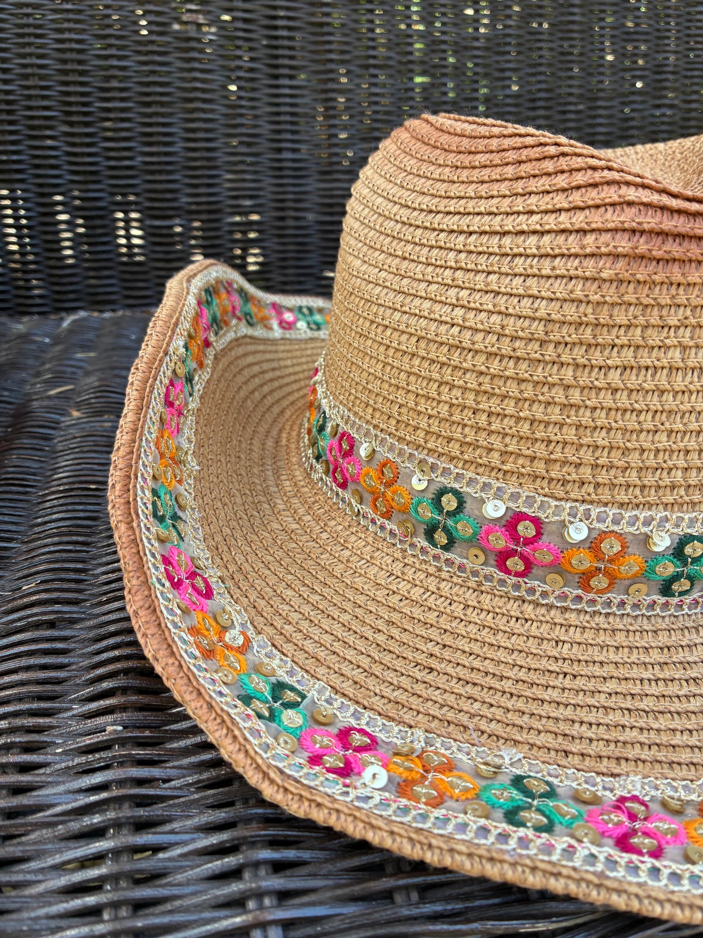 Boho Multicolour Embroidered Band Tan Cowboy Hat