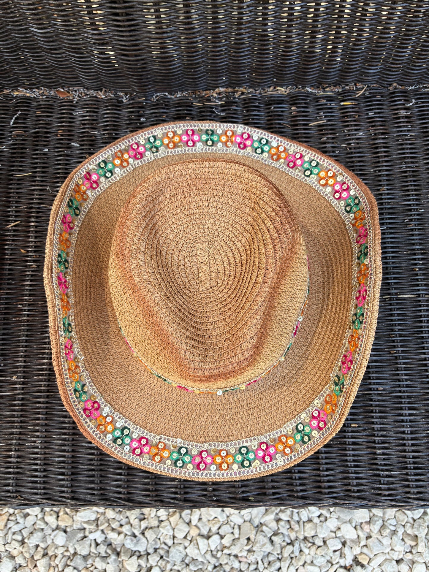 Boho Multicolour Embroidered Band Tan Cowboy Hat