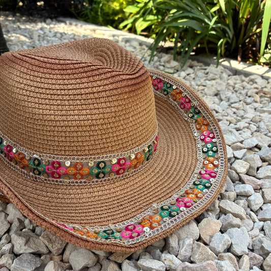 Boho Multicolour Embroidered Band Tan Cowboy Hat