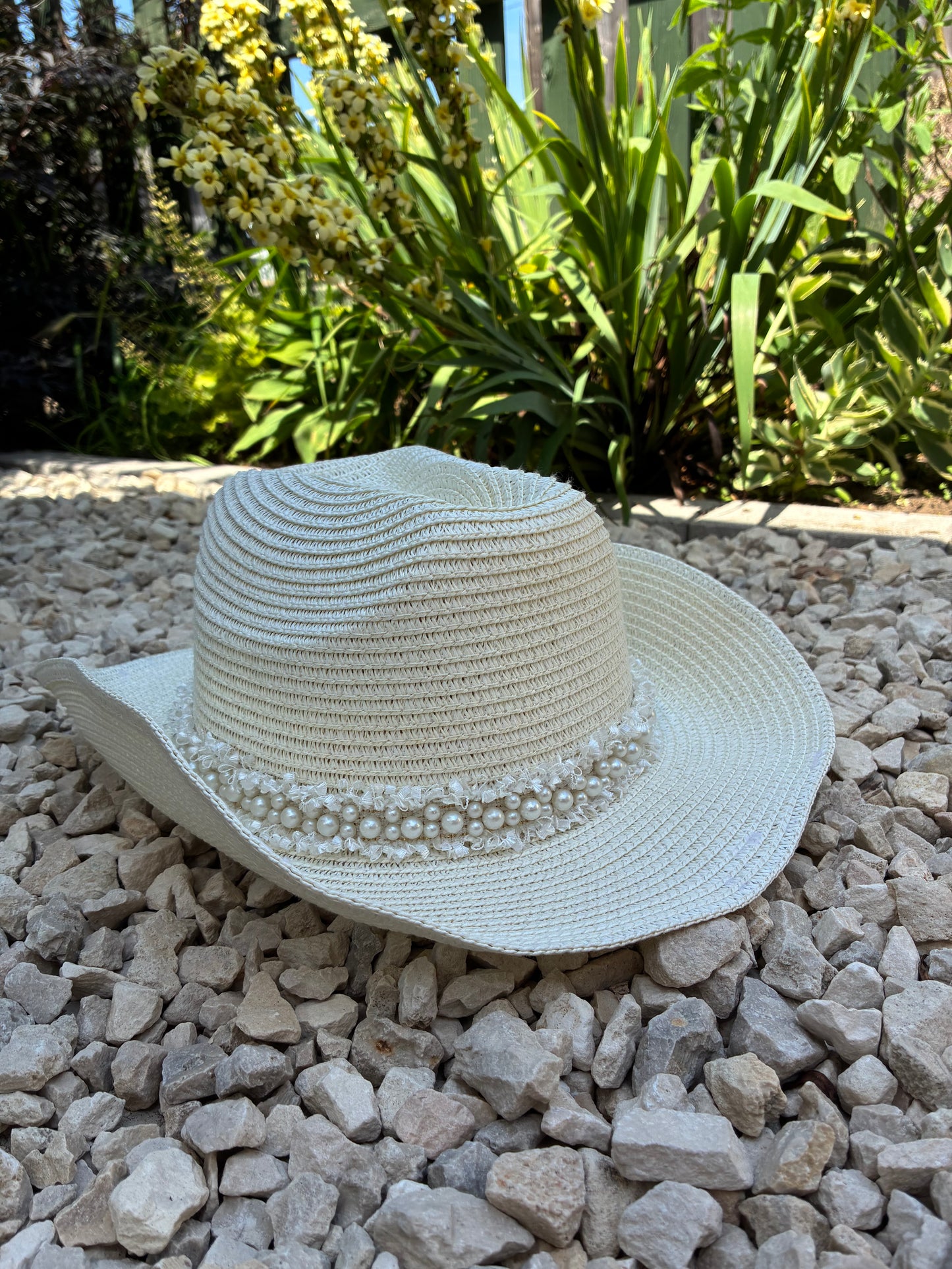 Boho Cream Pearl Band Cowboy Hat
