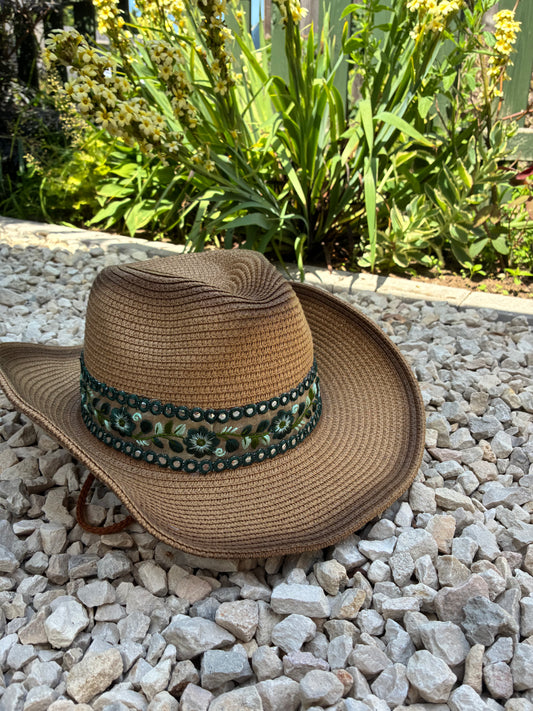 Boho Green Embroidered Band Tan Cowboy Hat