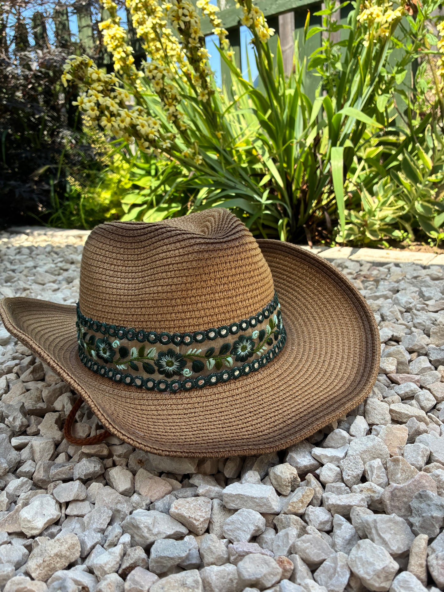 Boho Green Embroidered Band Tan Cowboy Hat