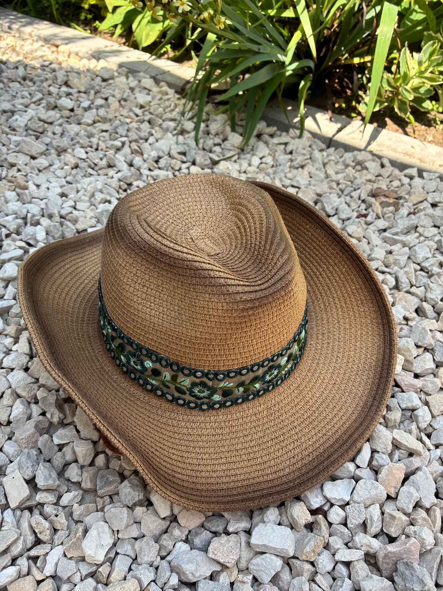 Boho Green Embroidered Band Tan Cowboy Hat