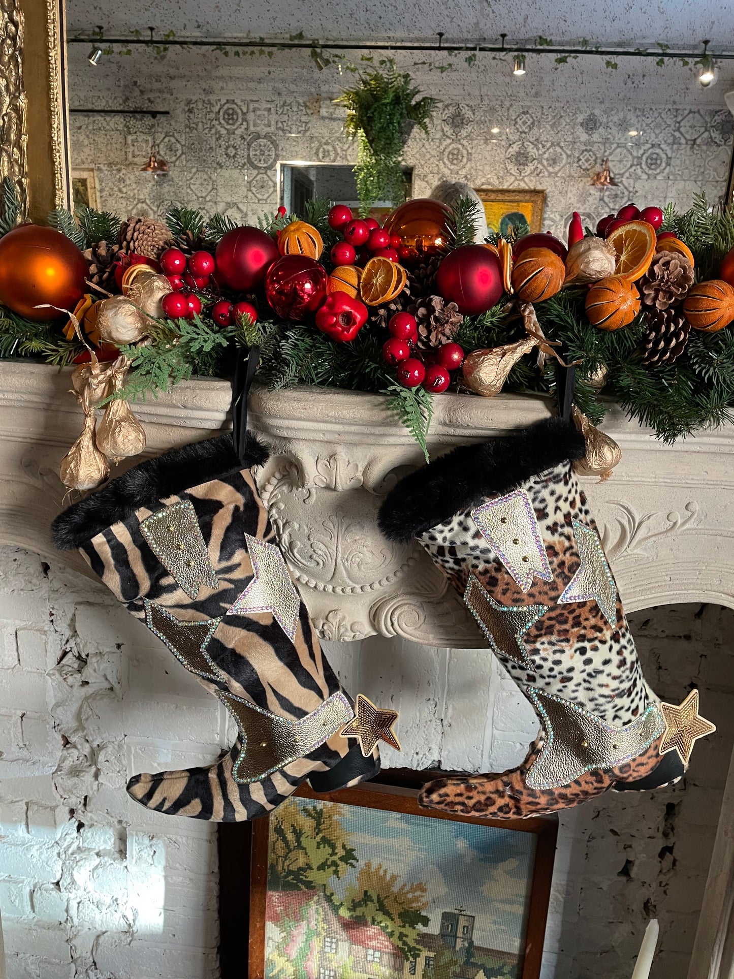 Tiger Print Cowboy Boot Christmas Stocking