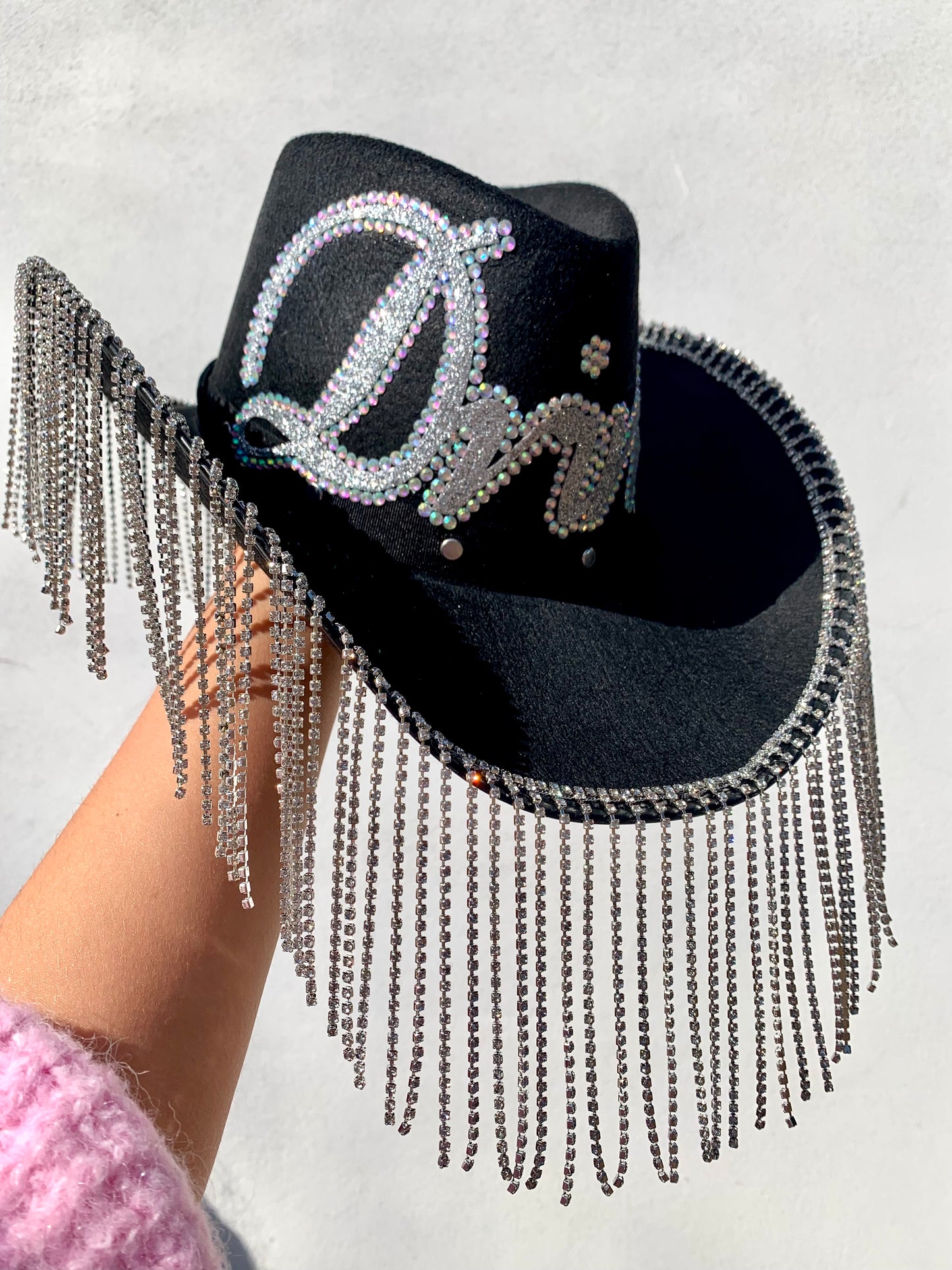 Personalised Black Rhinestone Fringe Cowboy Hat