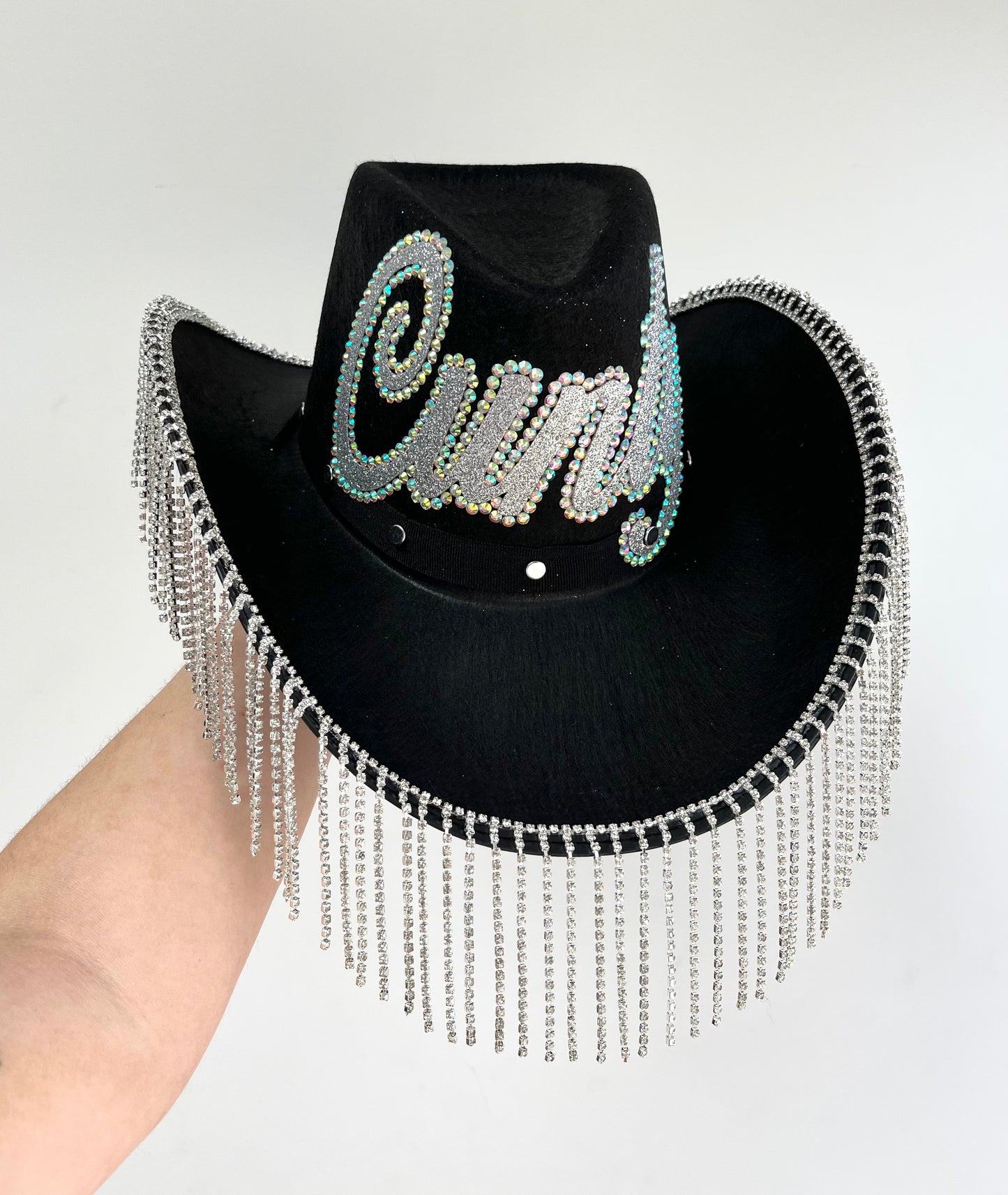 Personalised Black Rhinestone Fringe Cowboy Hat