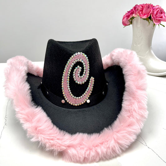 Personalised Black Cowboy Hat with Baby Pink Fur Trim