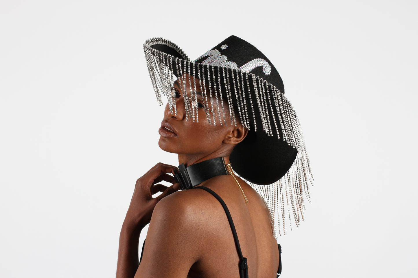 Personalised Black Rhinestone Fringe Cowboy Hat