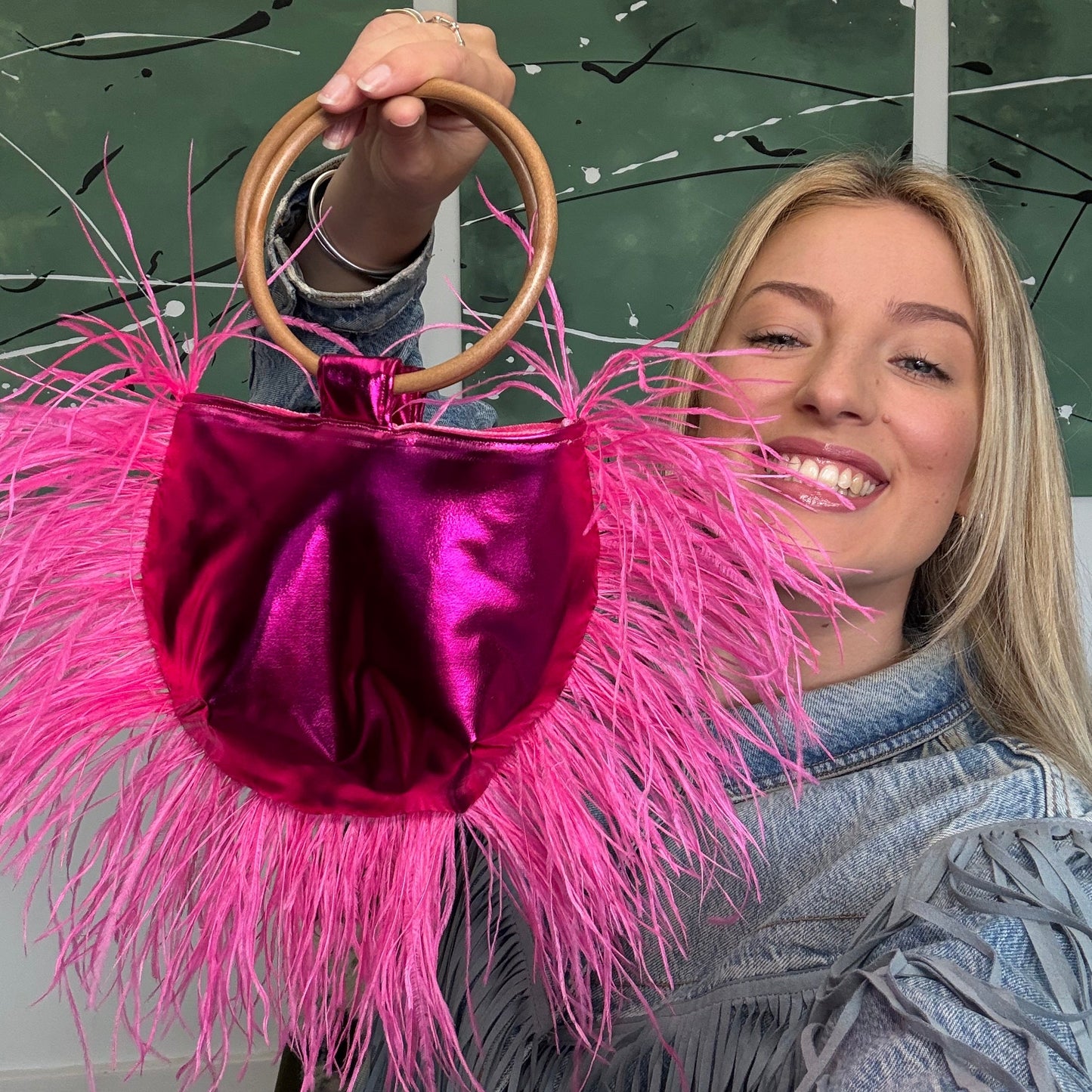 Metallic Pink & Ostrich Feather Bag