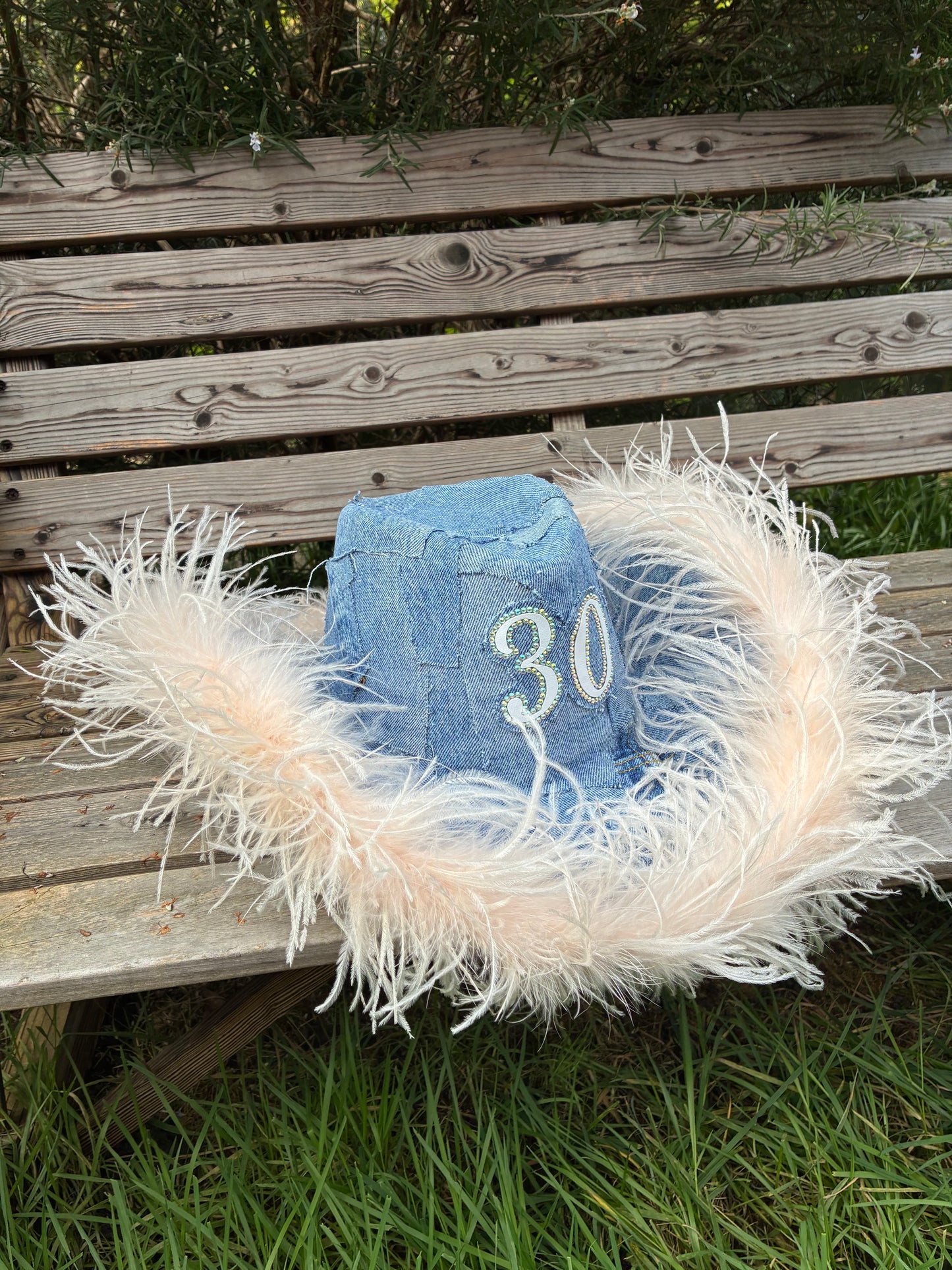 Personalised Denim Cowboy Hat with Ostrich Feather Trim
