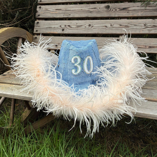 Personalised Denim Cowboy Hat with Ostrich Feather Trim