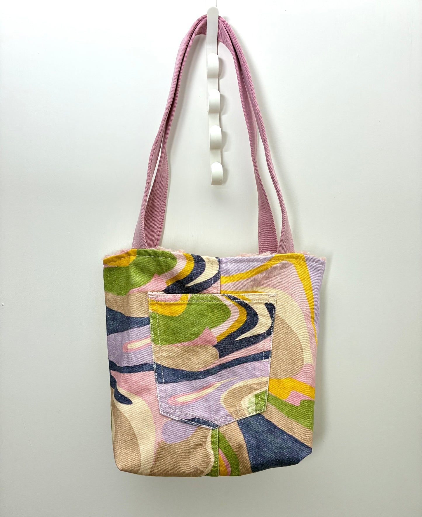 Recycled Denim Mini Tote Bag - Pastel Printed Denim & Pink Lining