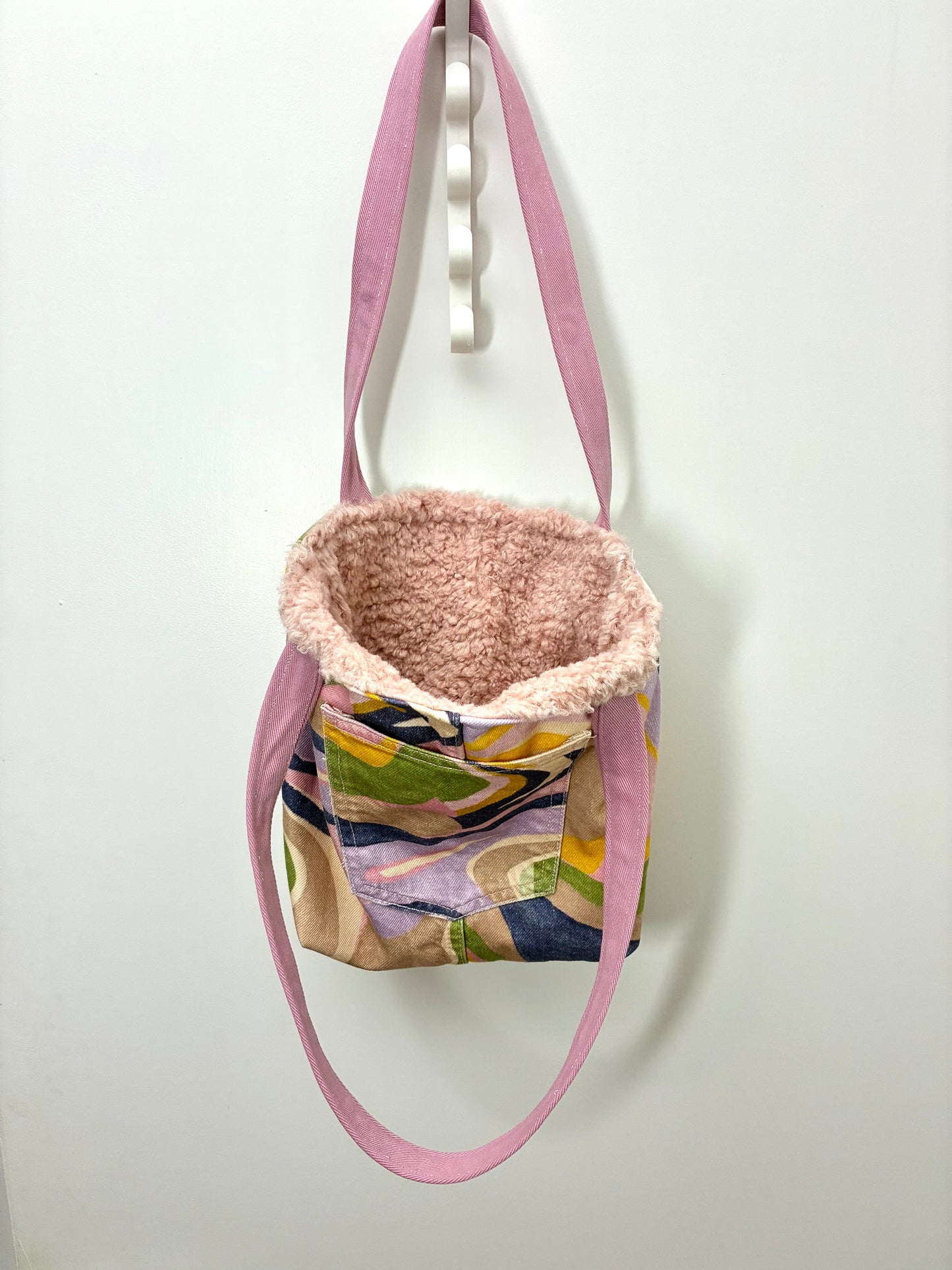 Recycled Denim Mini Tote Bag - Pastel Printed Denim & Pink Lining