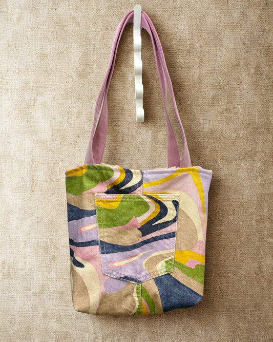 Recycled Denim Mini Tote Bag - Pastel Printed Denim & Pink Lining
