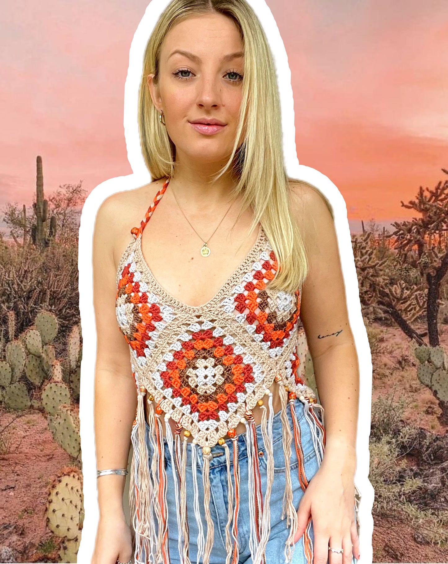 Camel and Orange Crochet Festival Top