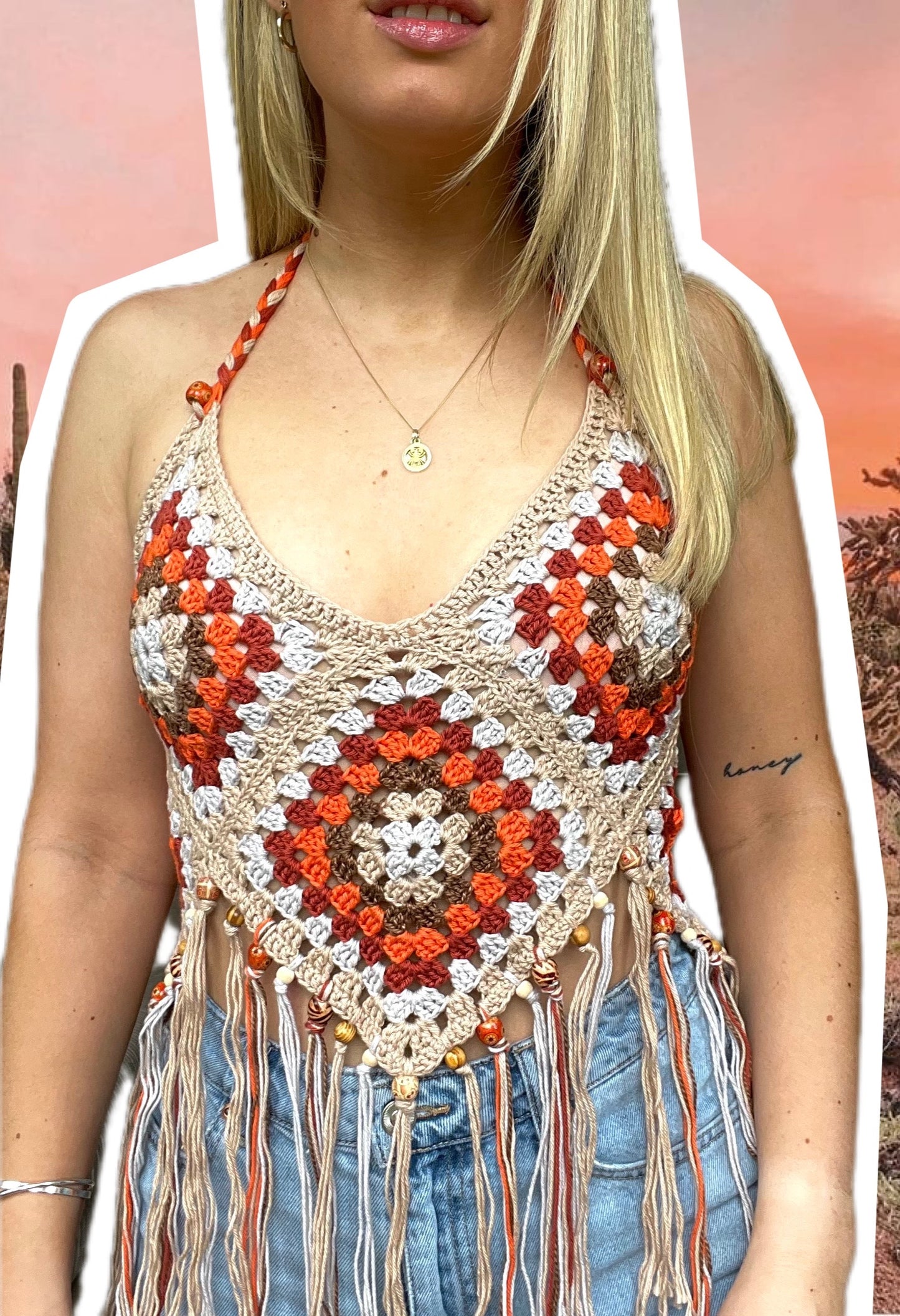 Camel and Orange Crochet Festival Top